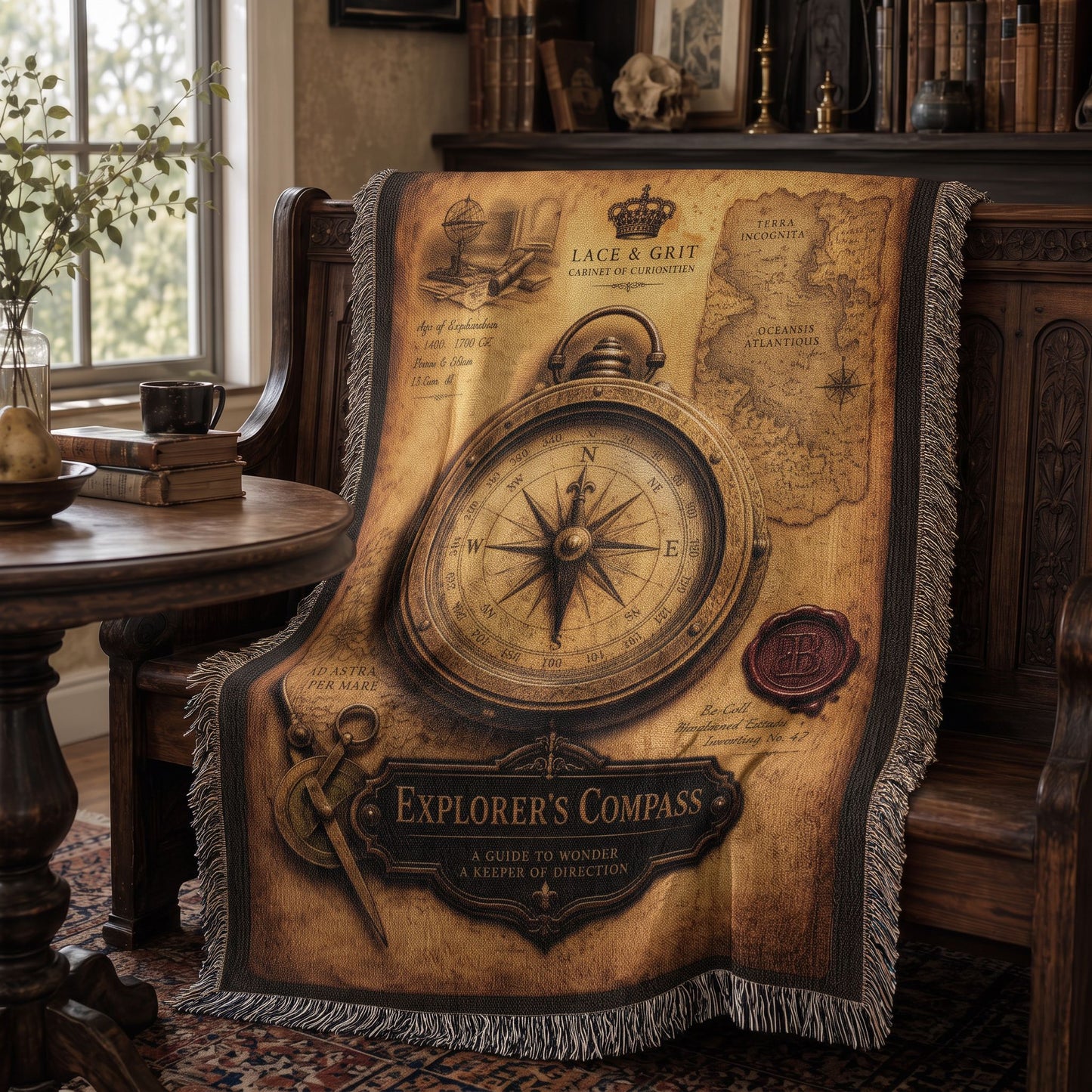 Explorer's Compass Woven Throw Blanket | Cabinet of Curiosities Decor | Cotton Tapestry | Adventure History Gift