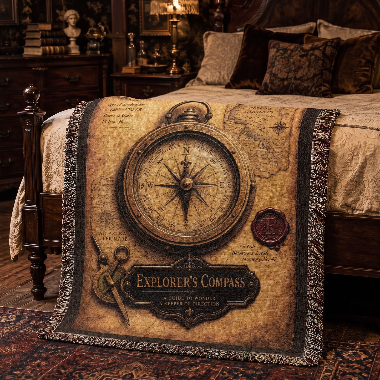 Explorer's Compass Woven Throw Blanket | Cabinet of Curiosities Decor | Cotton Tapestry | Adventure History Gift