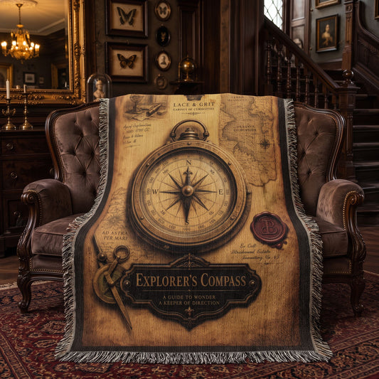 Explorer's Compass Woven Throw Blanket | Cabinet of Curiosities Decor | Cotton Tapestry | Adventure History Gift