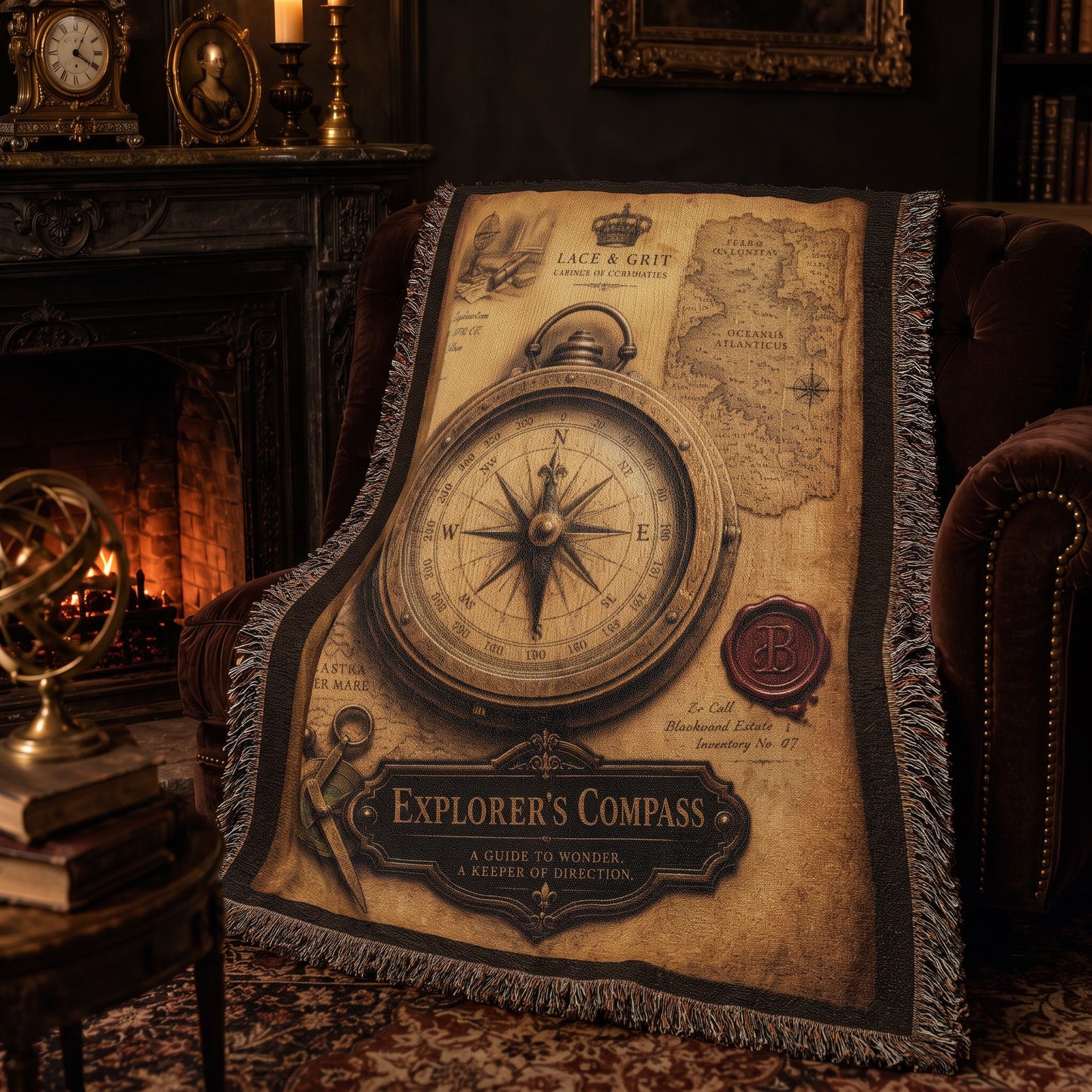 Explorer's Compass Woven Throw Blanket | Cabinet of Curiosities Decor | Cotton Tapestry | Adventure History Gift
