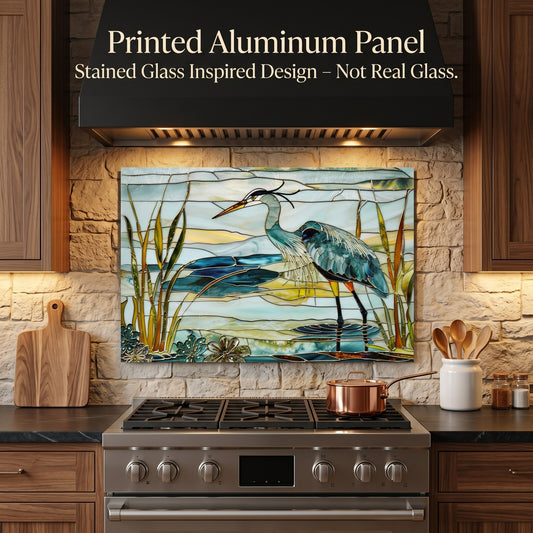 Blue Heron Metal Kitchen Backsplash Panel, Stained Glass Inspired Wall Art