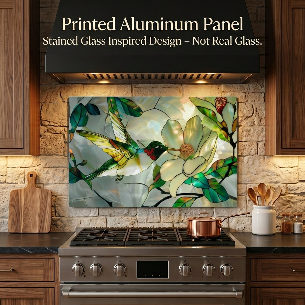 Hummingbird Metal Kitchen Backsplash Panel, Stained Glass Inspired Wall Art