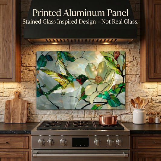 Hummingbird Metal Kitchen Backsplash Panel, Stained Glass Inspired Wall Art