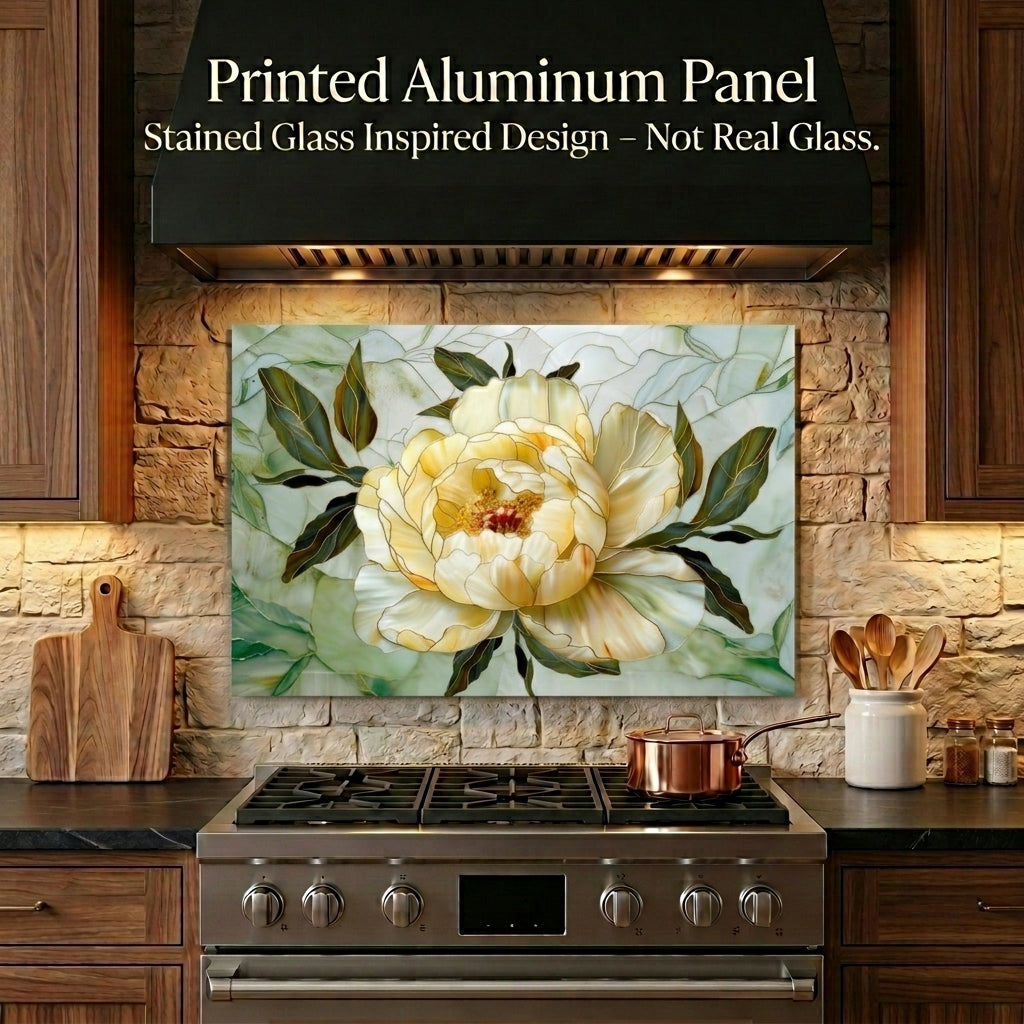 Peony Metal Kitchen Backsplash Panel, Stained Glass Inspired Wall Art