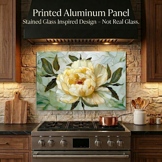 Peony Metal Kitchen Backsplash Panel, Stained Glass Inspired Wall Art