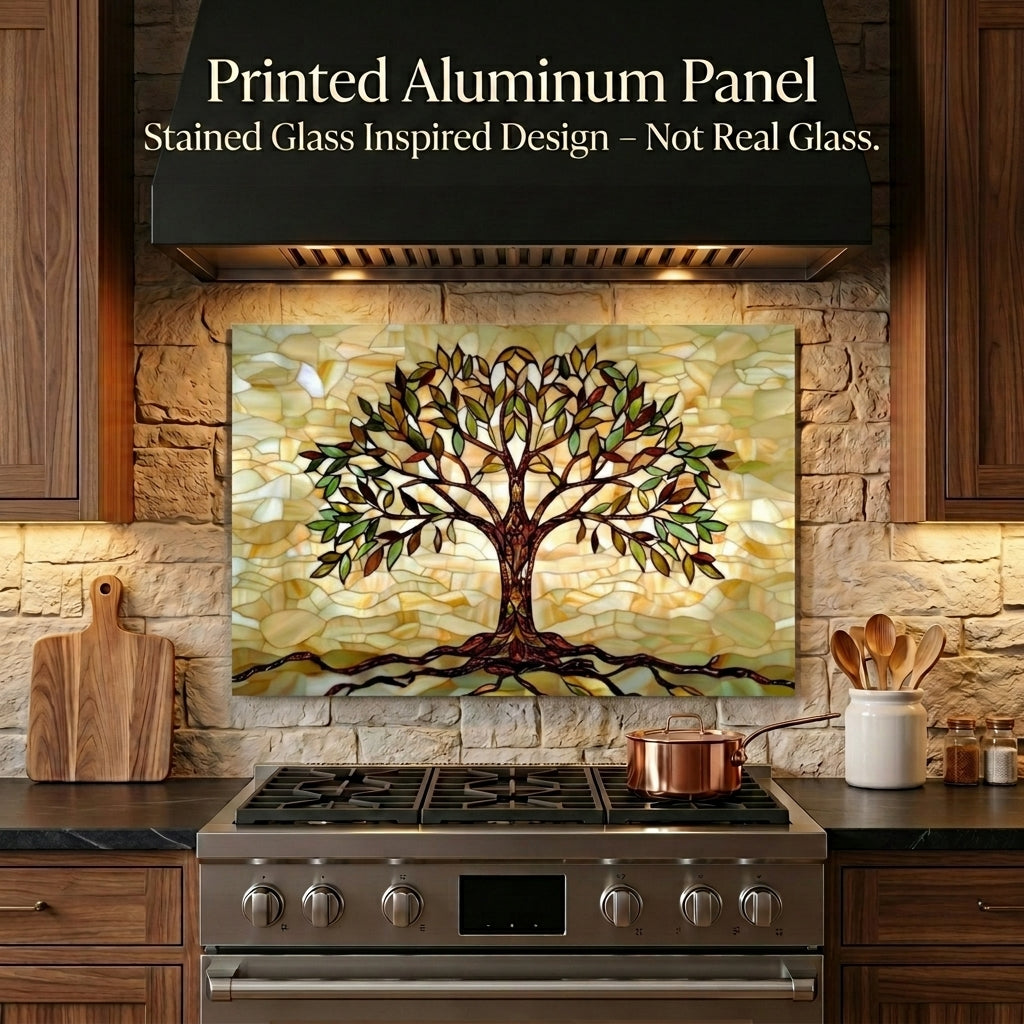 Tree of Life Metal Kitchen Backsplash Panel, Stained Glass Inspired Wall Art