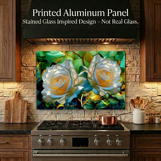 White Rose Metal Kitchen Backsplash Panel, Stained Glass Inspired Wall Art
