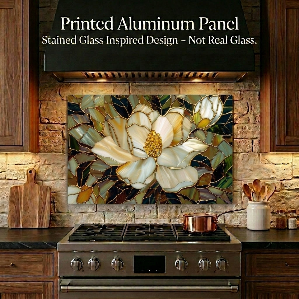 Magnolia Metal Kitchen Backsplash Panel, Stained Glass Inspired Wall Art
