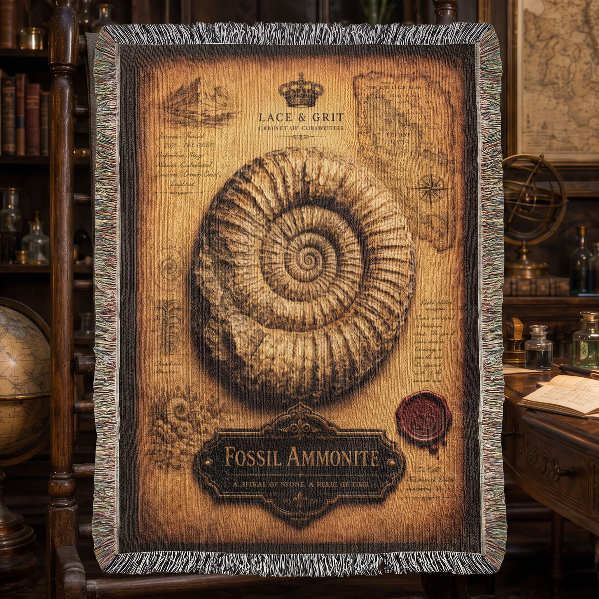 Fossil Ammonite Woven Throw Blanket | Cabinet of Curiosities Decor | Cotton Tapestry | Paleontology Fossil Gift