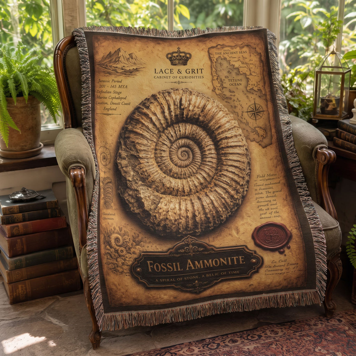 Fossil Ammonite Woven Throw Blanket | Cabinet of Curiosities Decor | Cotton Tapestry | Paleontology Fossil Gift