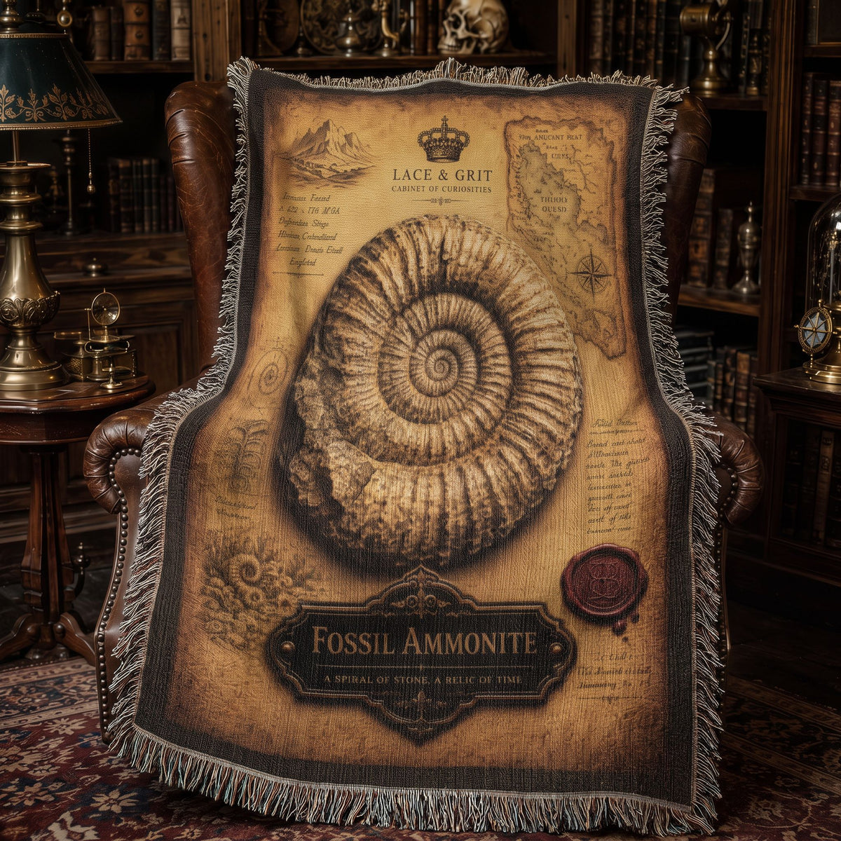 Fossil Ammonite Woven Throw Blanket | Cabinet of Curiosities Decor | Cotton Tapestry | Paleontology Fossil Gift