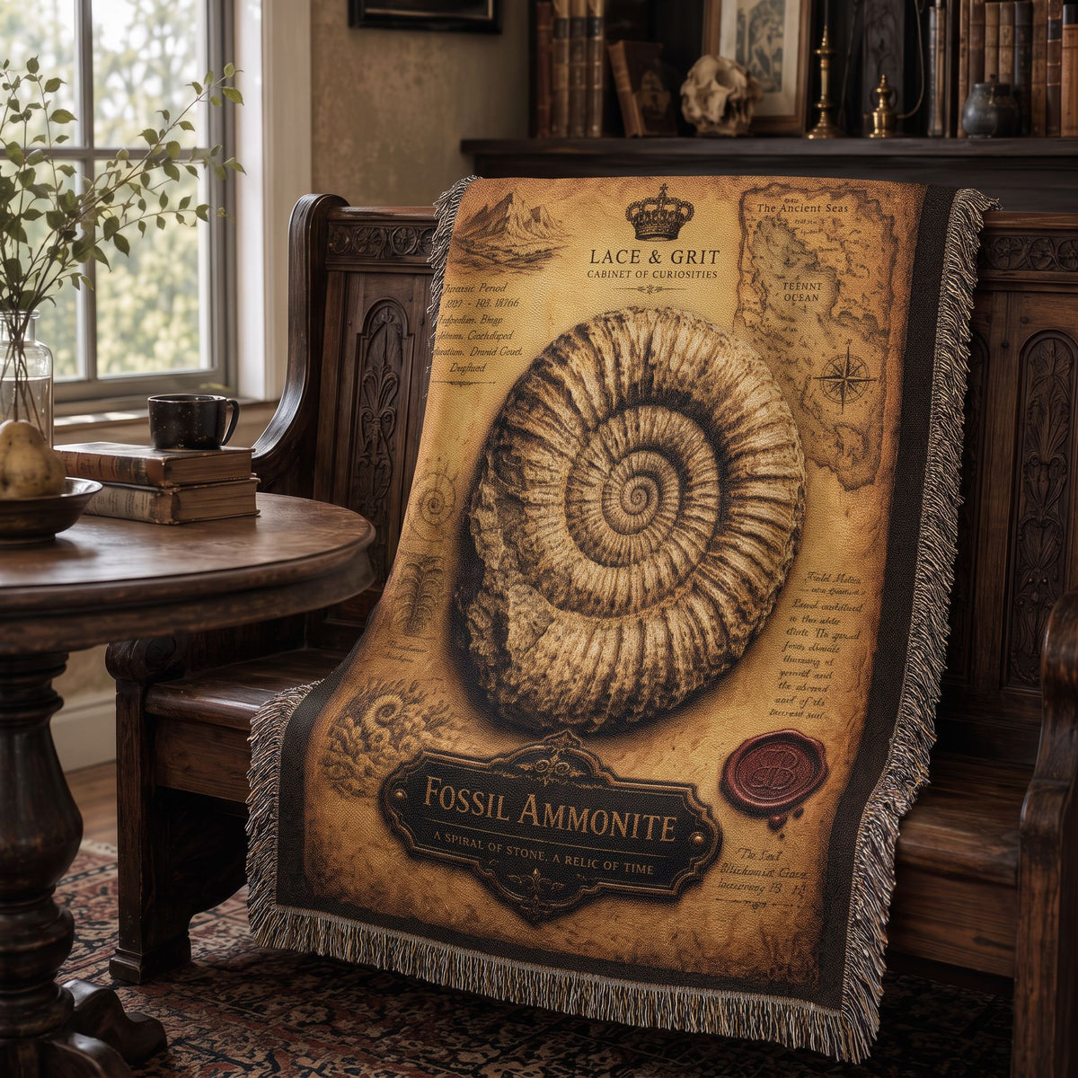 Fossil Ammonite Woven Throw Blanket | Cabinet of Curiosities Decor | Cotton Tapestry | Paleontology Fossil Gift