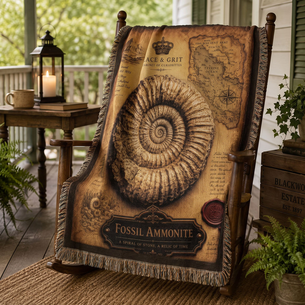 Fossil Ammonite Woven Throw Blanket | Cabinet of Curiosities Decor | Cotton Tapestry | Paleontology Fossil Gift
