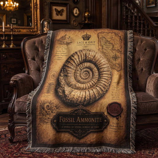 Fossil Ammonite Woven Throw Blanket | Cabinet of Curiosities Decor | Cotton Tapestry | Paleontology Fossil Gift