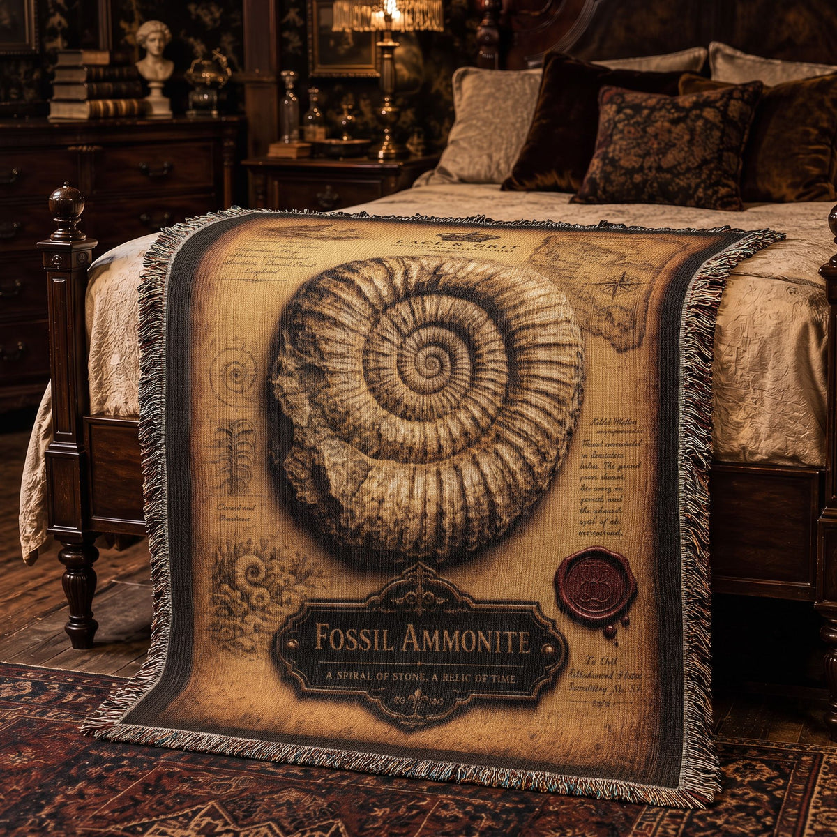 Fossil Ammonite Woven Throw Blanket | Cabinet of Curiosities Decor | Cotton Tapestry | Paleontology Fossil Gift