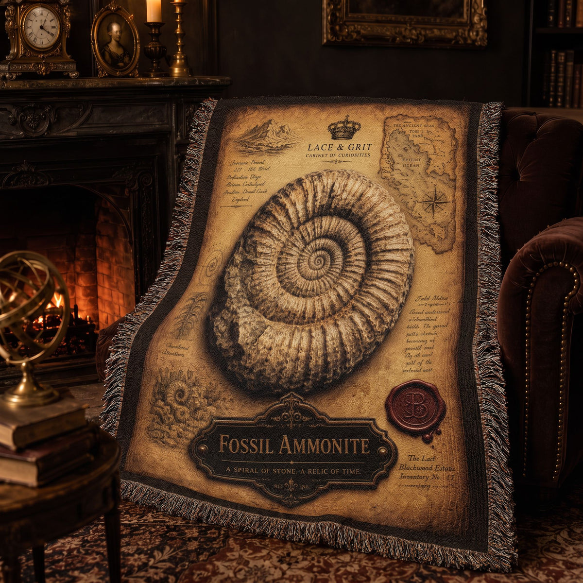 Fossil Ammonite Woven Throw Blanket | Cabinet of Curiosities Decor | Cotton Tapestry | Paleontology Fossil Gift