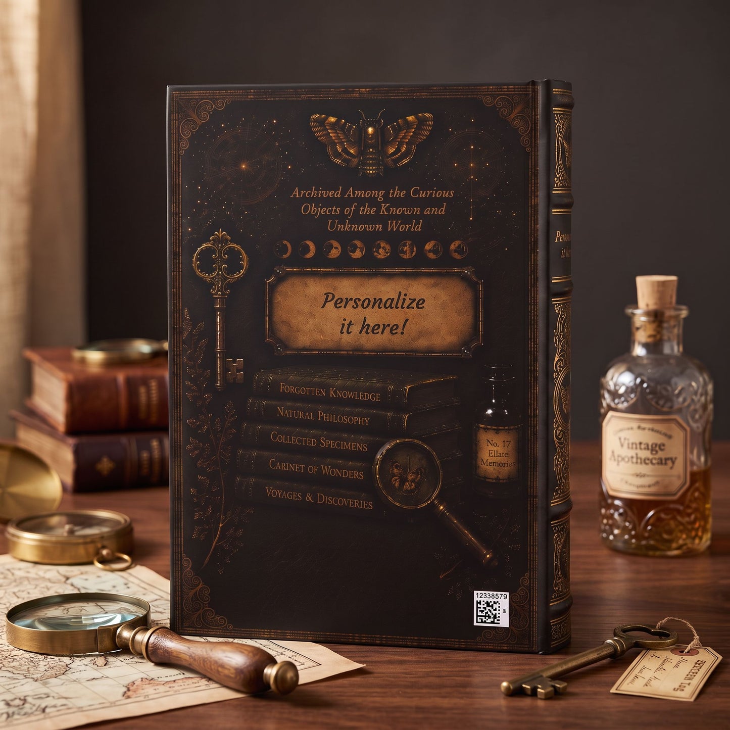 Explorer's Compass Journal, Personalized Cabinet of Curiosities Hardcover Notebook, Adventure Gift