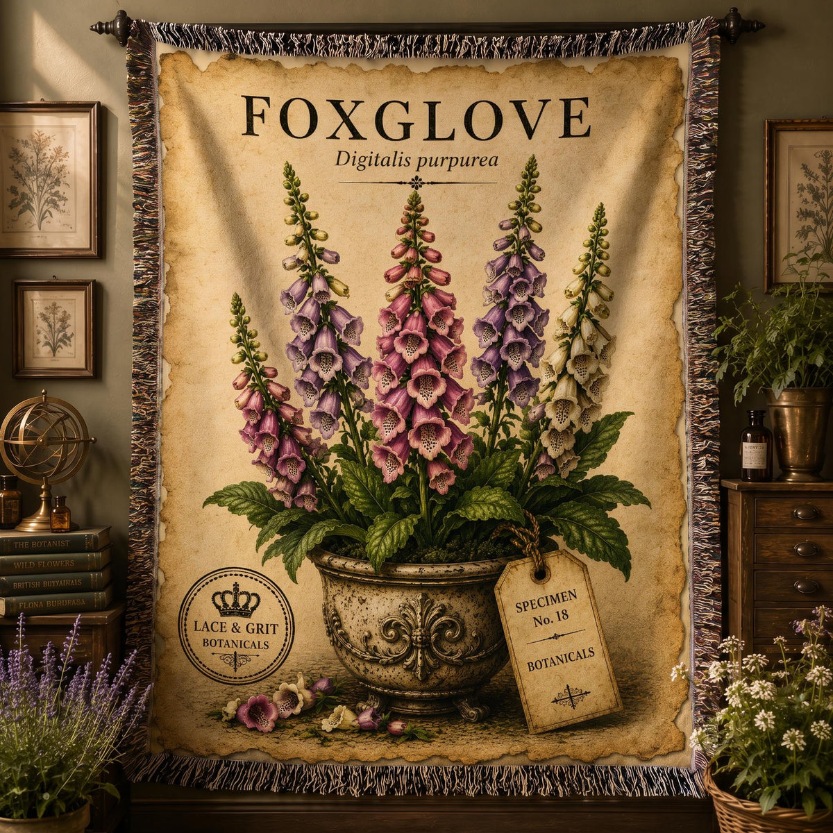 Foxglove Woven Throw Blanket, Botanical Garden Decor, Cotton Tapestry Throw, English Cottage Floral Gift