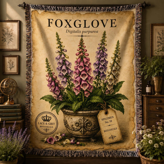 Foxglove Woven Throw Blanket, Botanical Garden Decor, Cotton Tapestry Throw, English Cottage Floral Gift