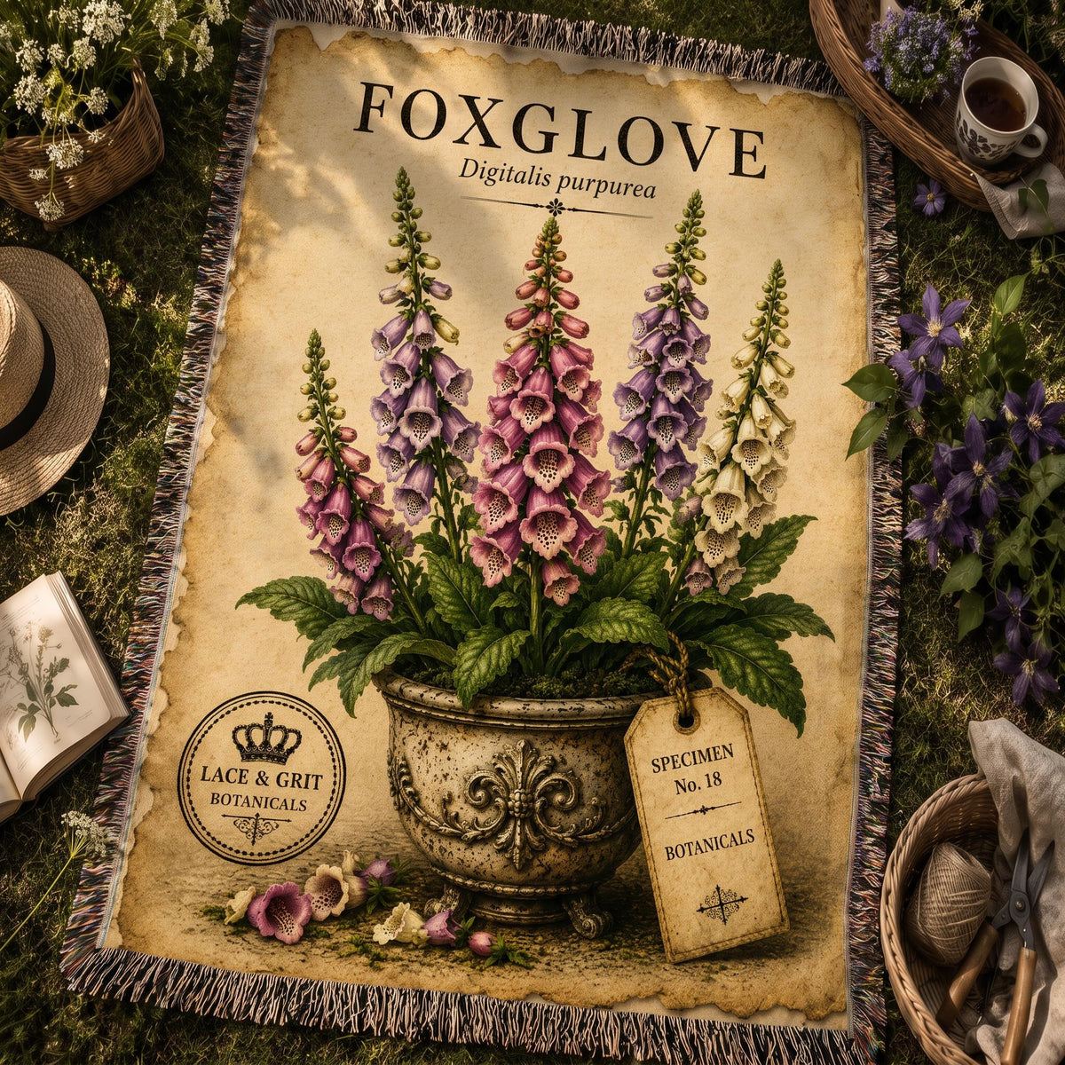 Foxglove Woven Throw Blanket, Botanical Garden Decor, Cotton Tapestry Throw, English Cottage Floral Gift