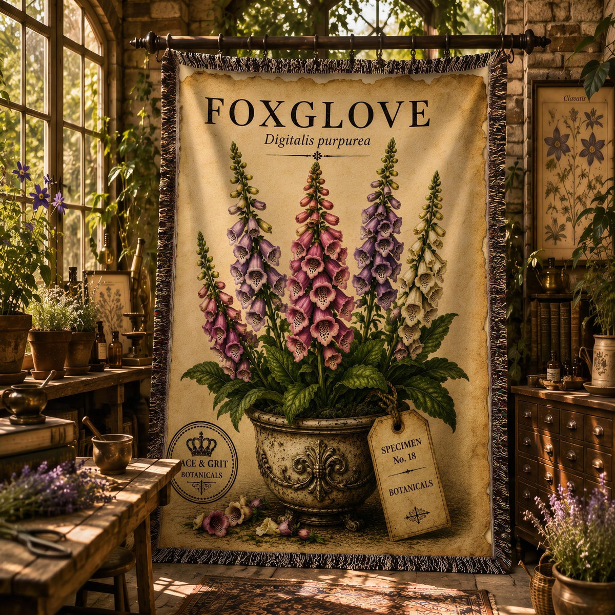 Foxglove Woven Throw Blanket, Botanical Garden Decor, Cotton Tapestry Throw, English Cottage Floral Gift