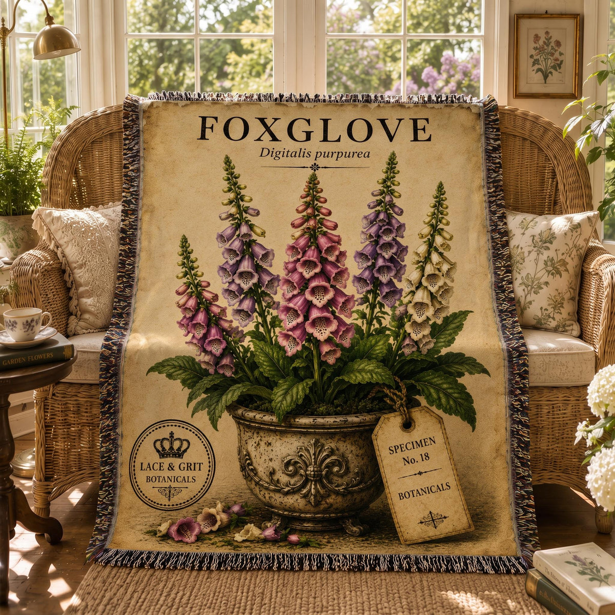 Foxglove Woven Throw Blanket, Botanical Garden Decor, Cotton Tapestry Throw, English Cottage Floral Gift