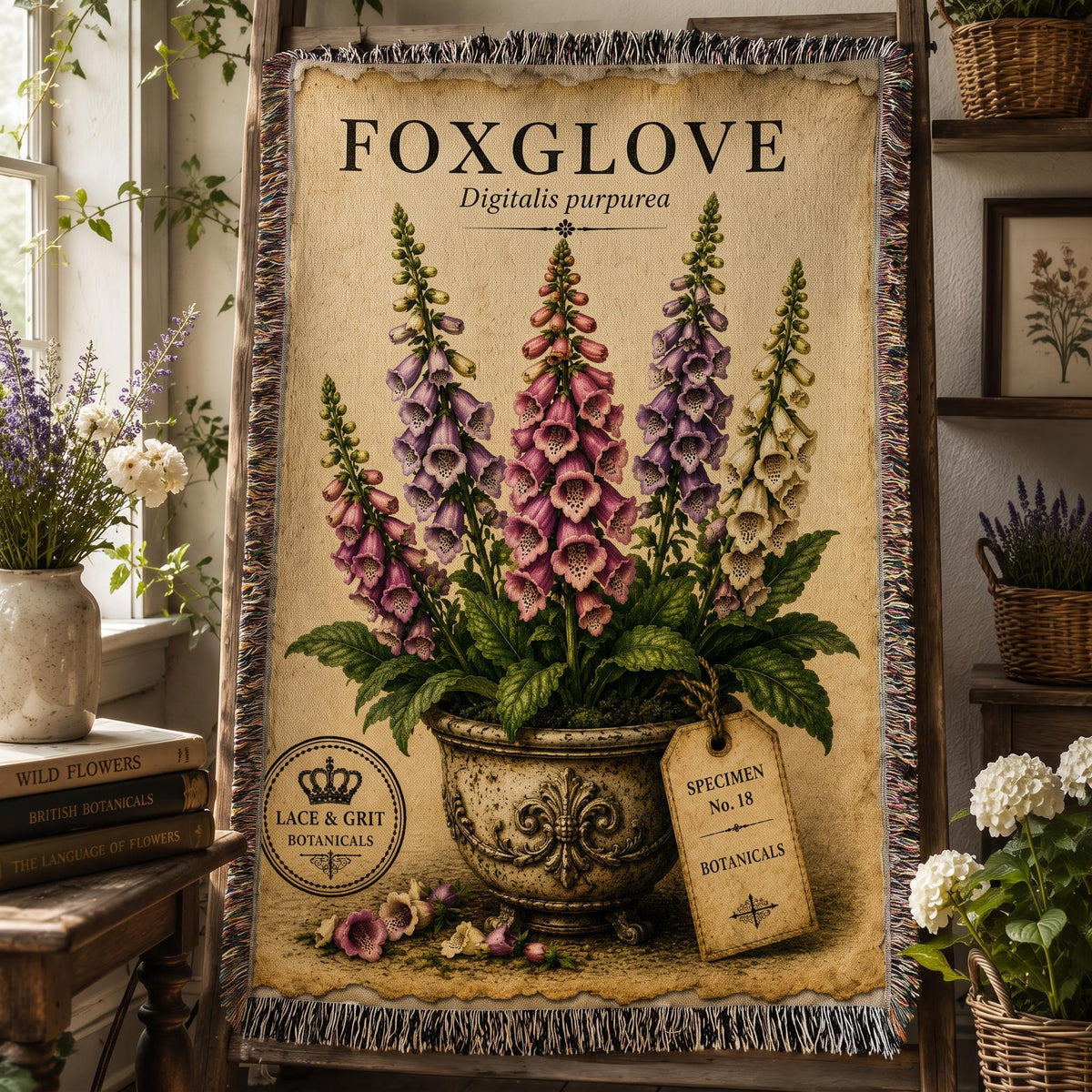 Foxglove Woven Throw Blanket, Botanical Garden Decor, Cotton Tapestry Throw, English Cottage Floral Gift