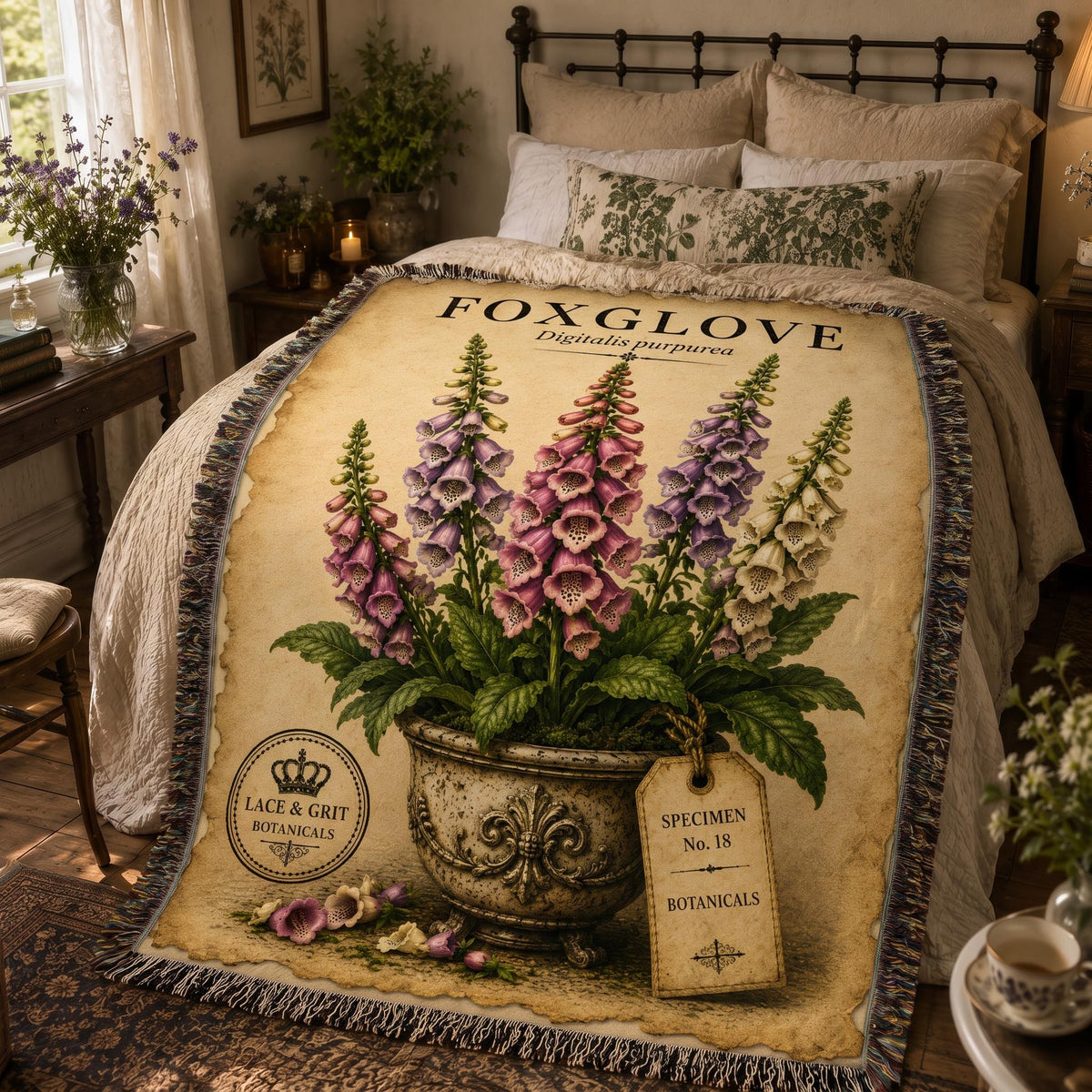 Foxglove Woven Throw Blanket, Botanical Garden Decor, Cotton Tapestry Throw, English Cottage Floral Gift