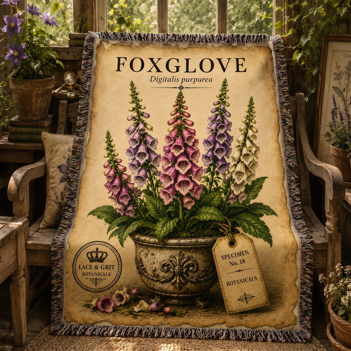 Foxglove Woven Throw Blanket, Botanical Garden Decor, Cotton Tapestry Throw, English Cottage Floral Gift