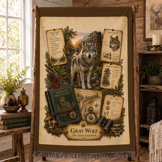 Gray Wolf Woven Throw Blanket | Woodland Animal Decor | Cotton Tapestry Throw | Naturalist Journal Gift