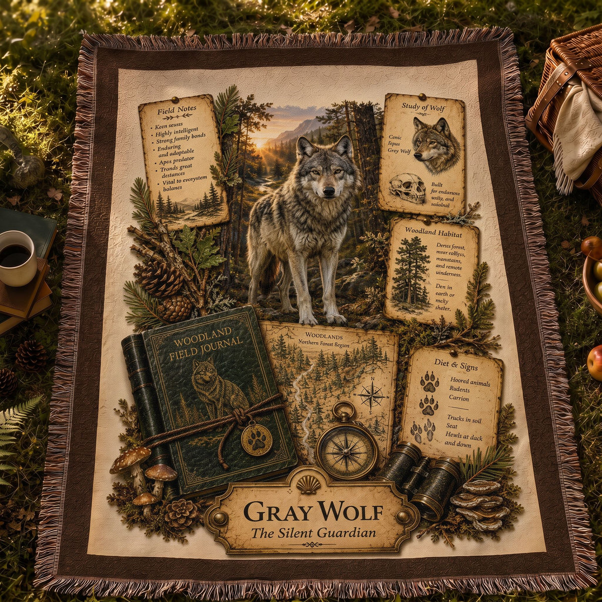 Gray Wolf Woven Throw Blanket | Woodland Animal Decor | Cotton Tapestry Throw | Naturalist Journal Gift