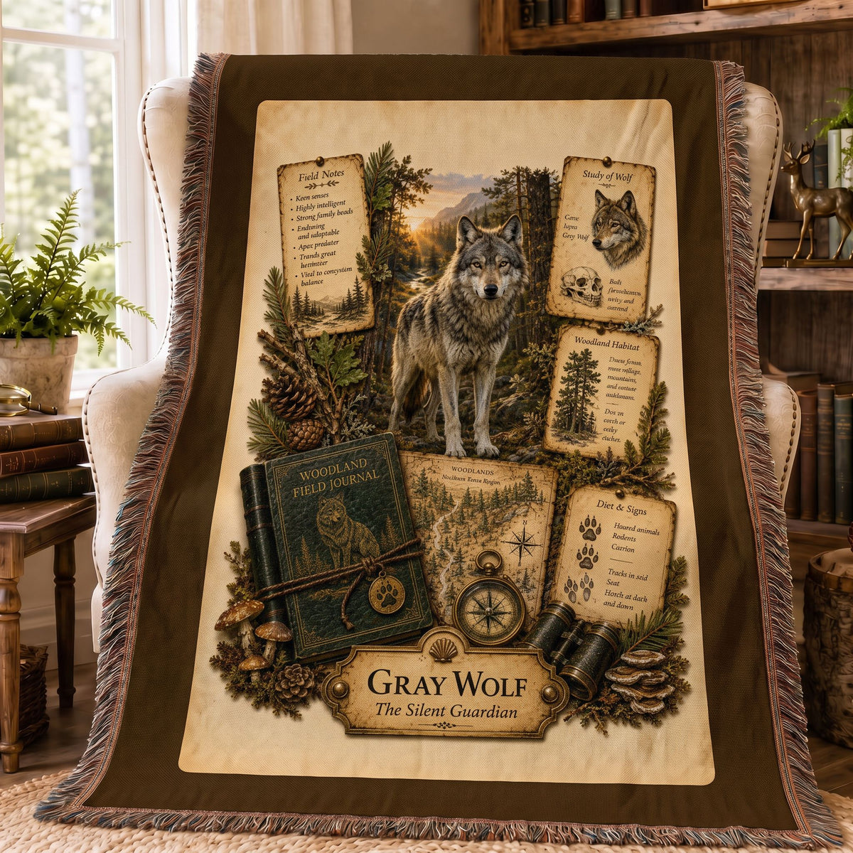 Gray Wolf Woven Throw Blanket | Woodland Animal Decor | Cotton Tapestry Throw | Naturalist Journal Gift