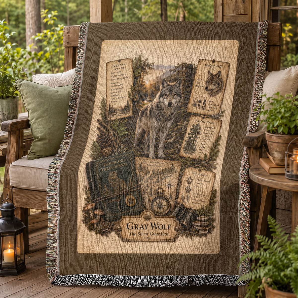 Gray Wolf Woven Throw Blanket | Woodland Animal Decor | Cotton Tapestry Throw | Naturalist Journal Gift
