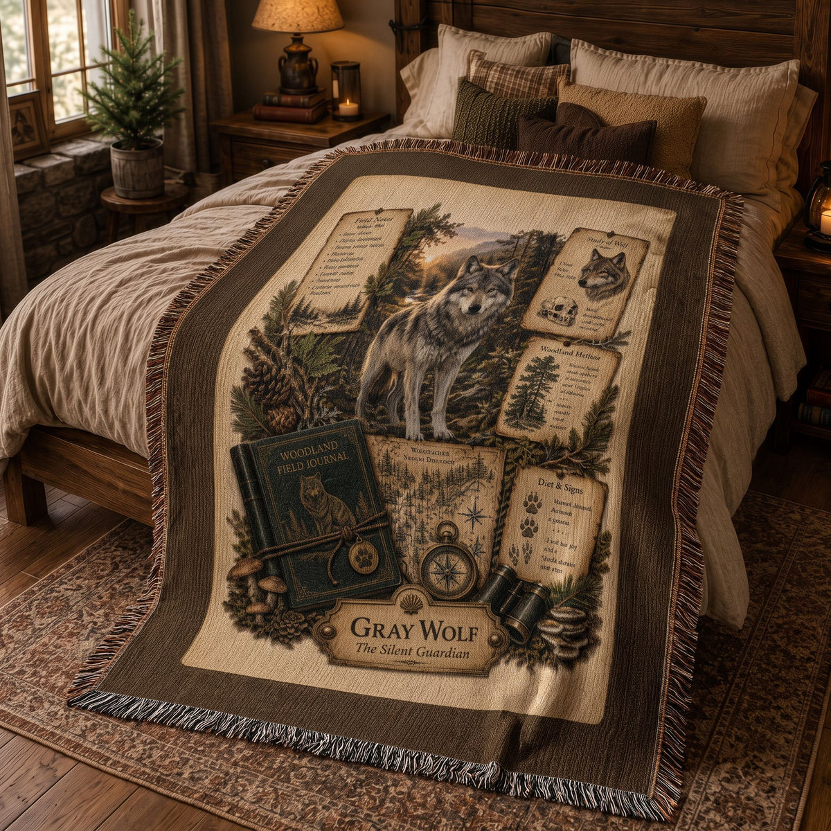 Gray Wolf Woven Throw Blanket | Woodland Animal Decor | Cotton Tapestry Throw | Naturalist Journal Gift
