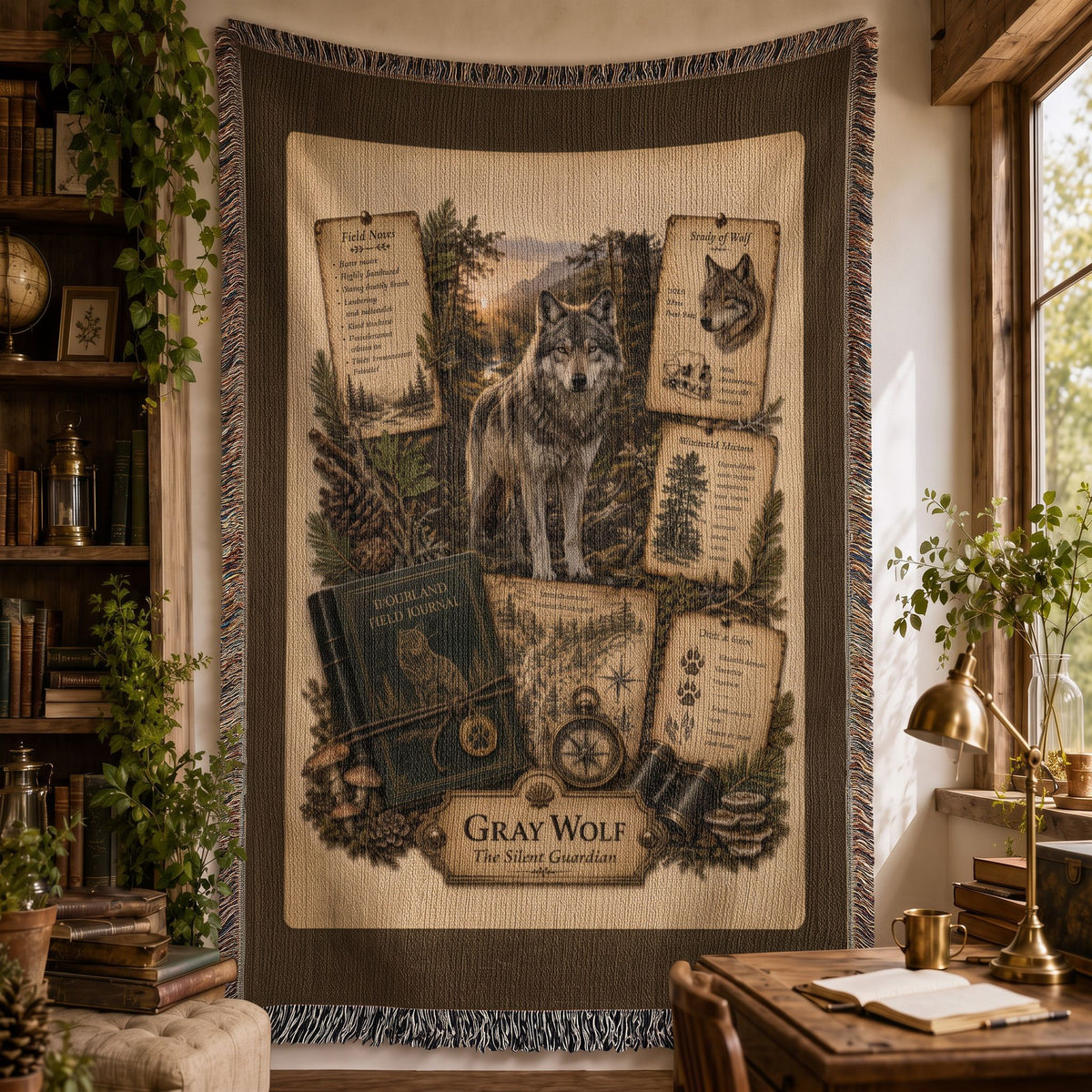 Gray Wolf Woven Throw Blanket | Woodland Animal Decor | Cotton Tapestry Throw | Naturalist Journal Gift