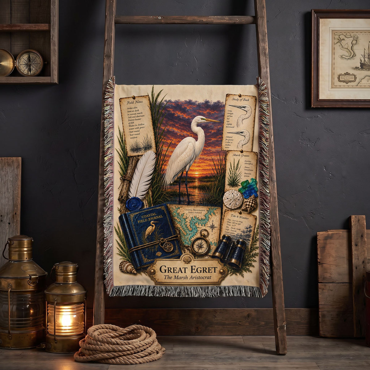 Great Egret Woven Throw Blanket | Coastal Bird Decor | Cotton Tapestry Throw | Naturalist Journal Gift