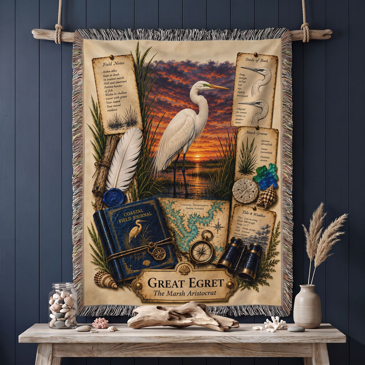 Great Egret Woven Throw Blanket | Coastal Bird Decor | Cotton Tapestry Throw | Naturalist Journal Gift