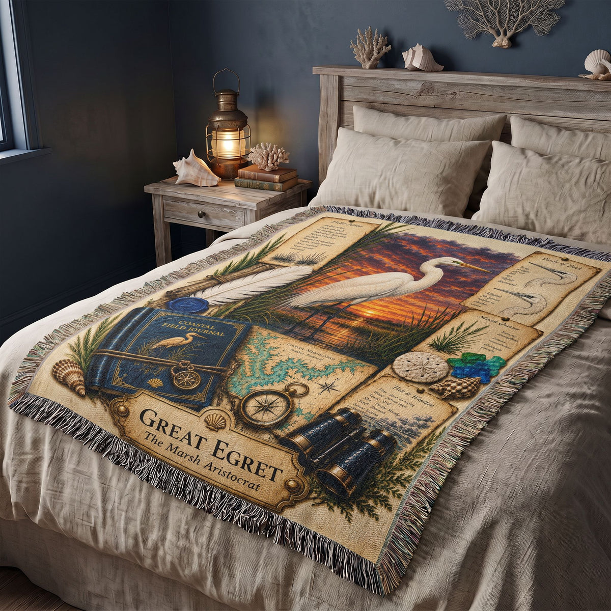 Great Egret Woven Throw Blanket | Coastal Bird Decor | Cotton Tapestry Throw | Naturalist Journal Gift