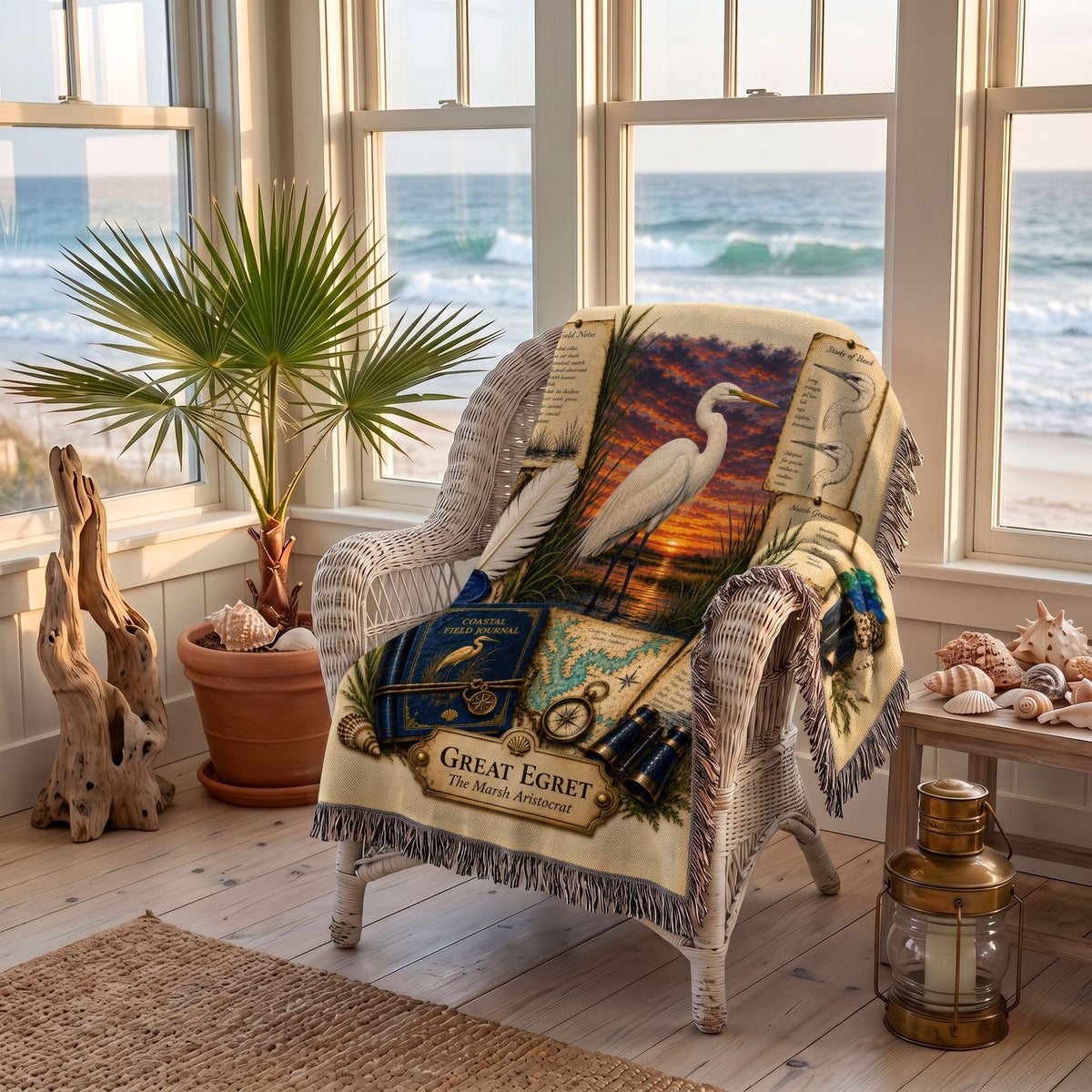 Great Egret Woven Throw Blanket | Coastal Bird Decor | Cotton Tapestry Throw | Naturalist Journal Gift