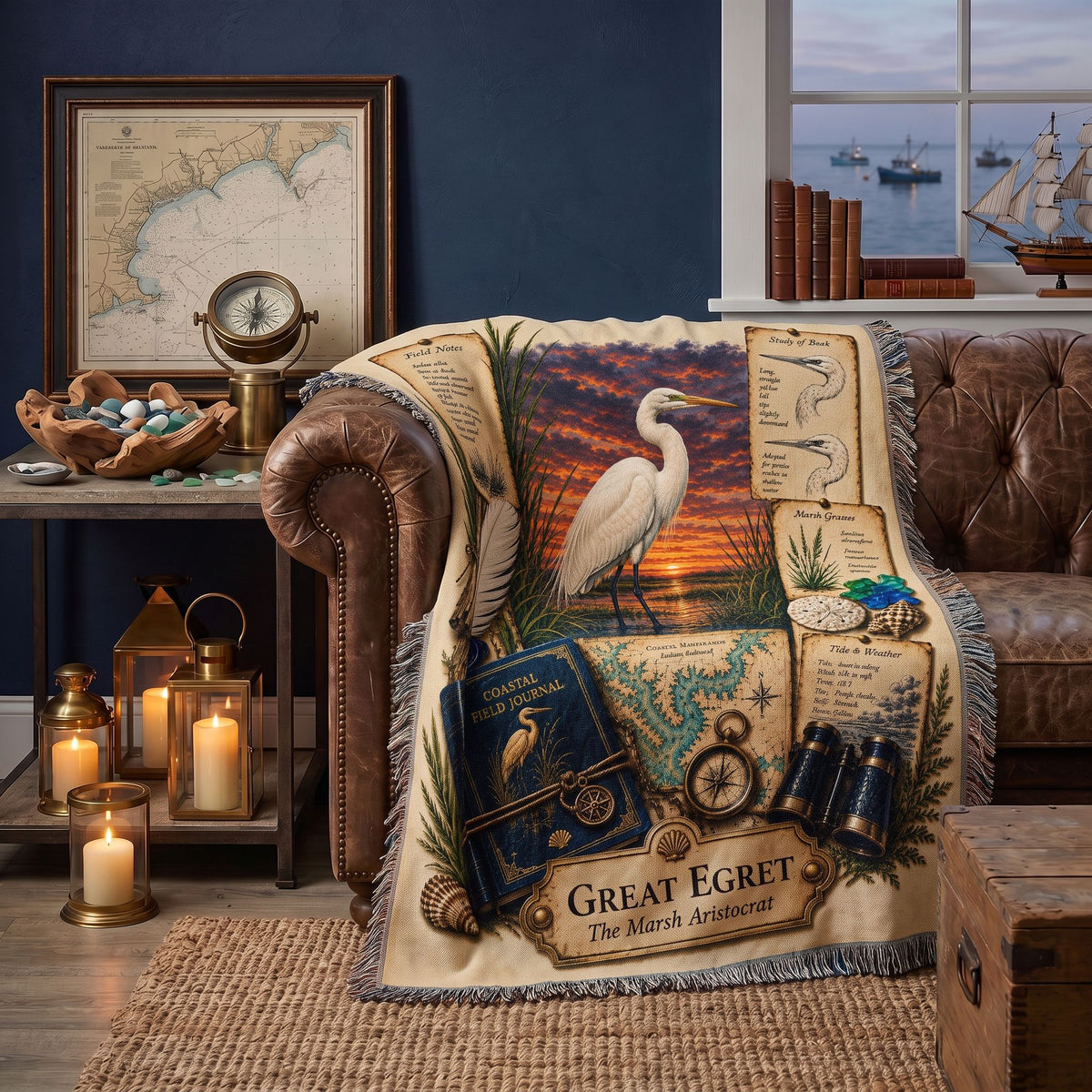 Great Egret Woven Throw Blanket | Coastal Bird Decor | Cotton Tapestry Throw | Naturalist Journal Gift
