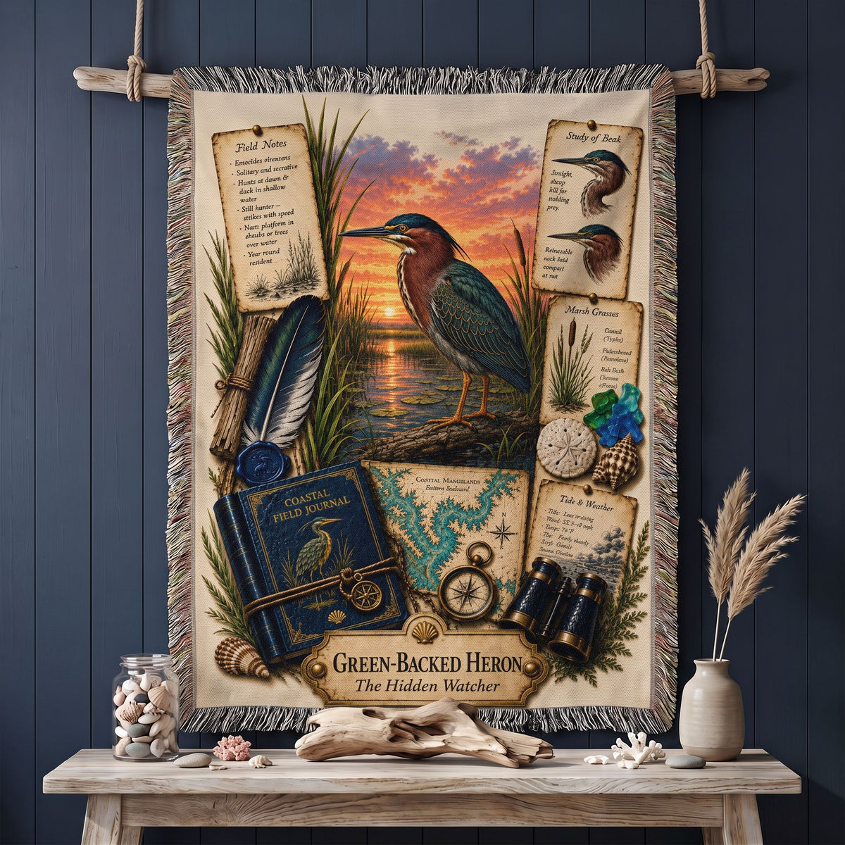 Green-Backed Heron Woven Throw Blanket | Coastal Bird Decor | Cotton Tapestry Throw | Naturalist Journal Gift