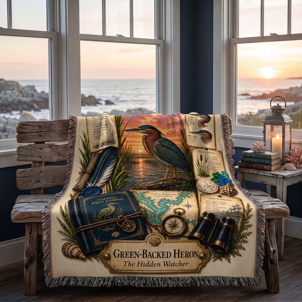 Green-Backed Heron Woven Throw Blanket | Coastal Bird Decor | Cotton Tapestry Throw | Naturalist Journal Gift