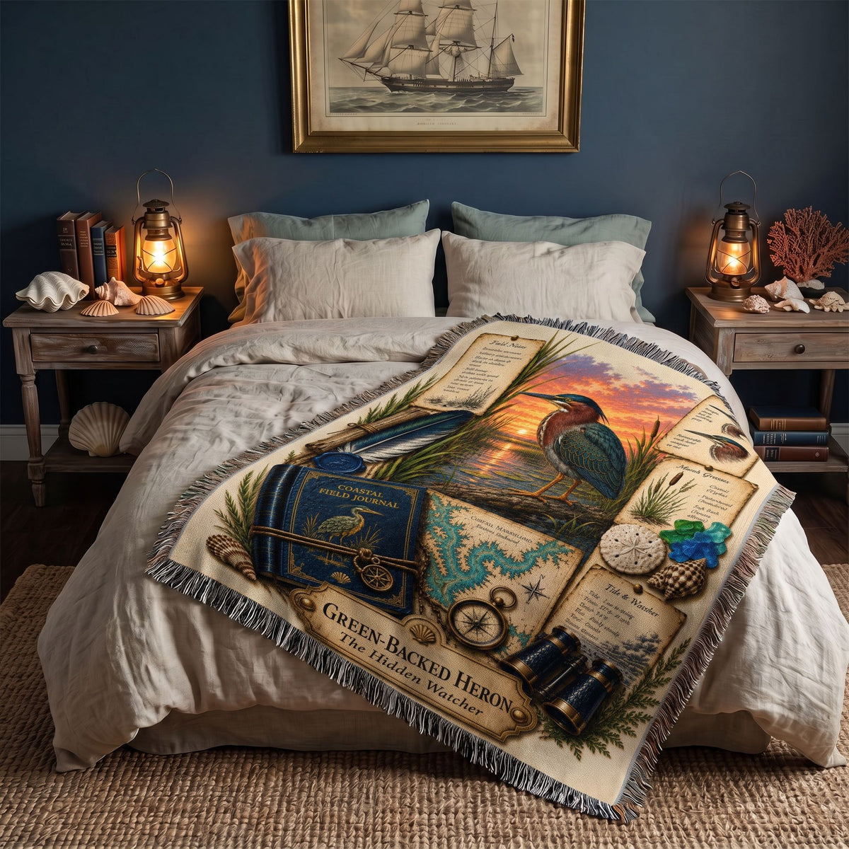 Green-Backed Heron Woven Throw Blanket | Coastal Bird Decor | Cotton Tapestry Throw | Naturalist Journal Gift
