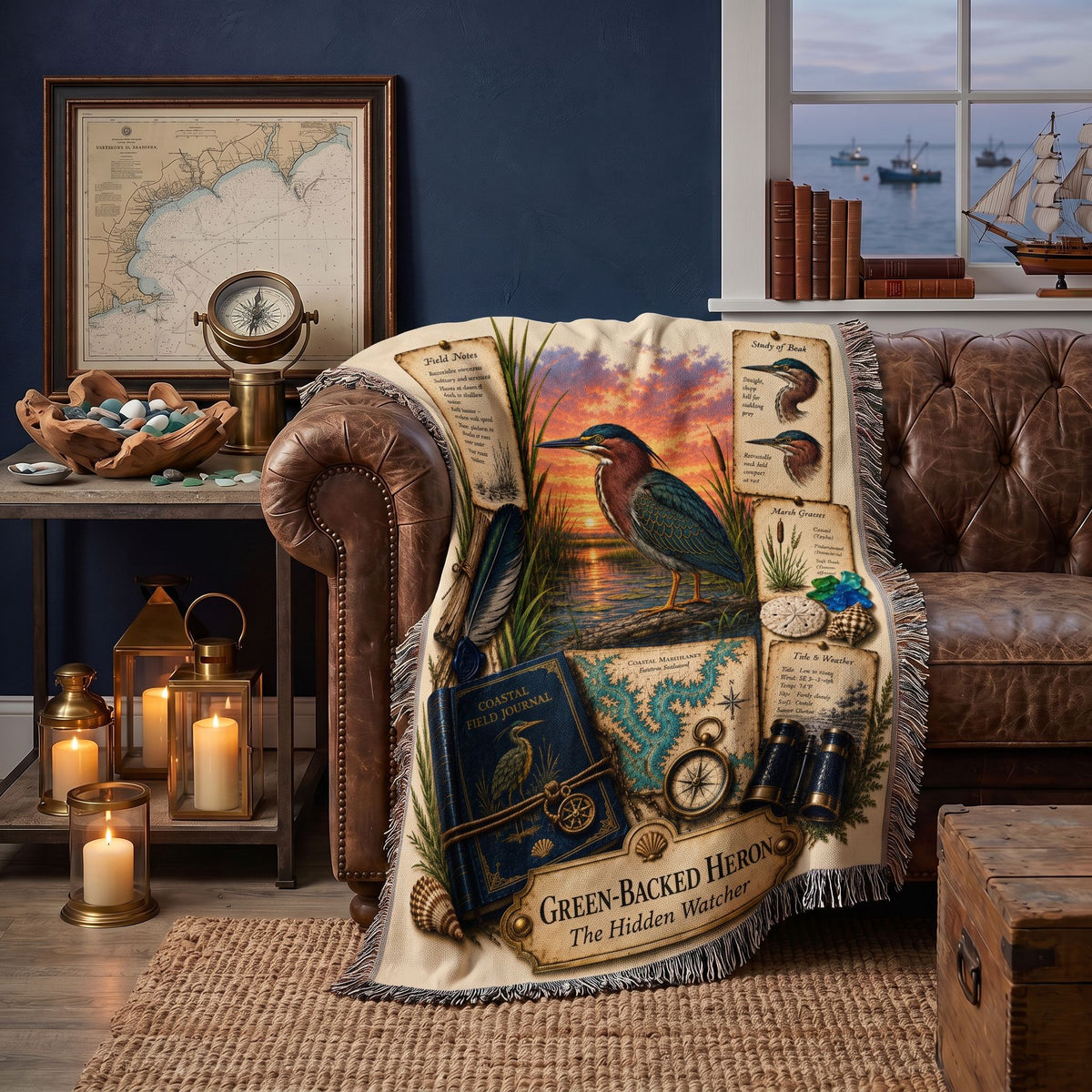 Green-Backed Heron Woven Throw Blanket | Coastal Bird Decor | Cotton Tapestry Throw | Naturalist Journal Gift