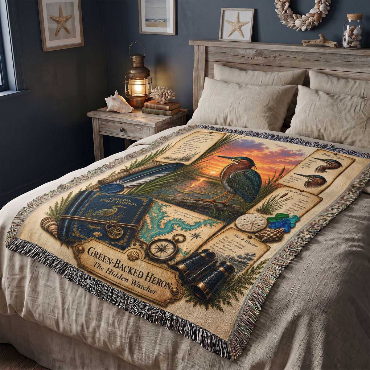 Green-Backed Heron Woven Throw Blanket | Coastal Bird Decor | Cotton Tapestry Throw | Naturalist Journal Gift