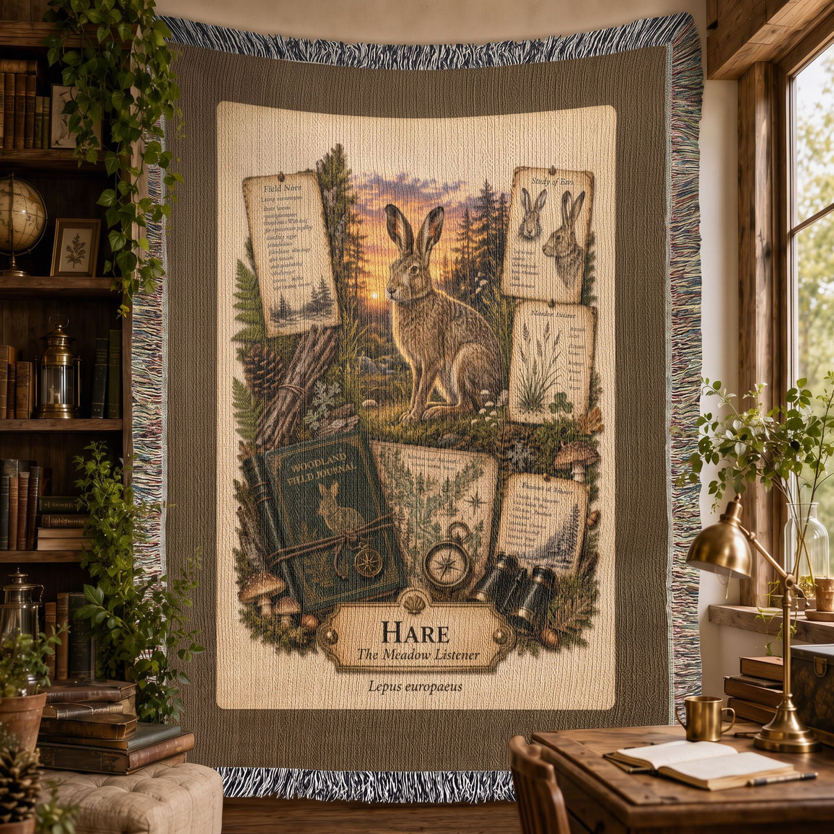 Hare Woven Throw Blanket | Woodland Animal Decor | Cotton Tapestry Throw | Naturalist Journal Gift