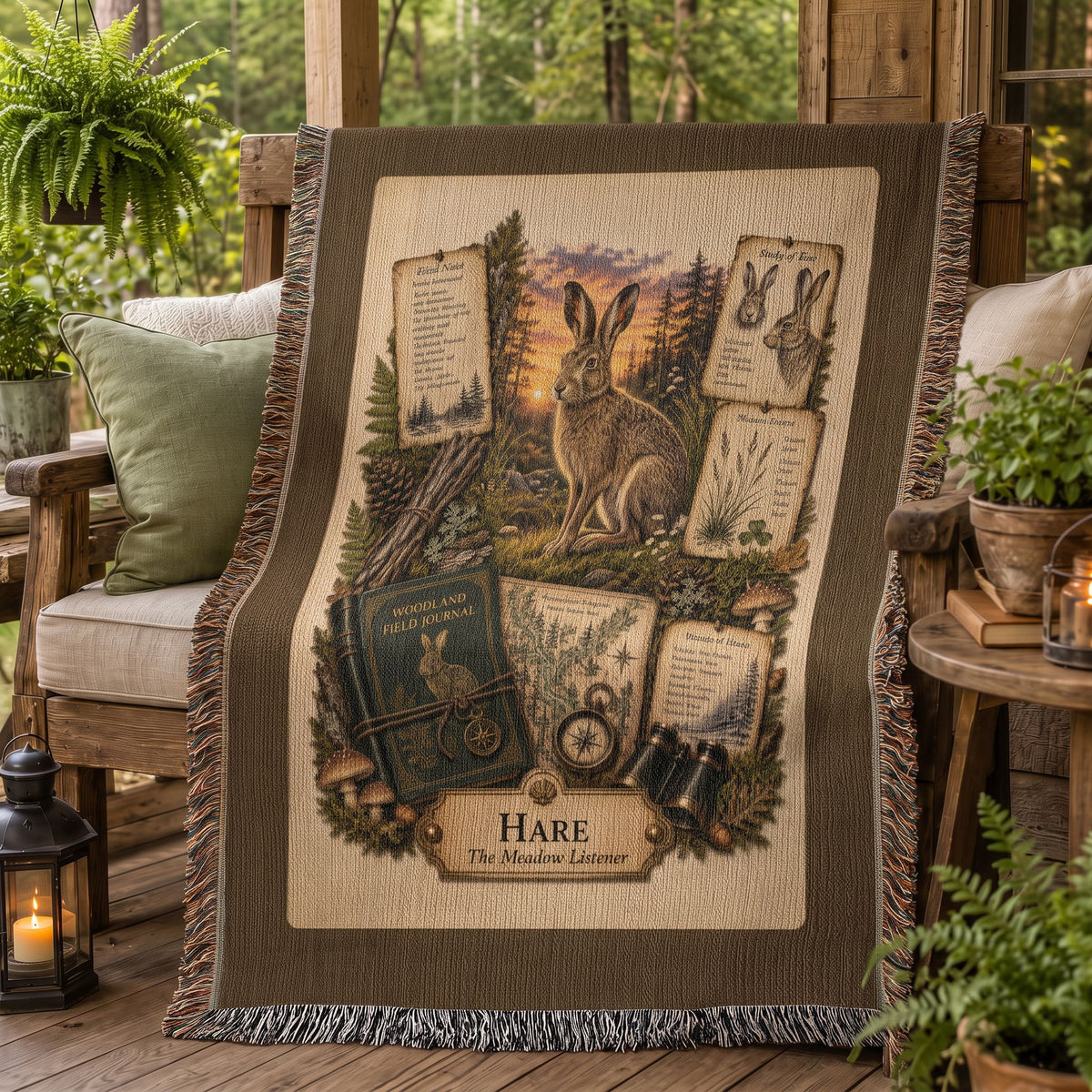 Hare Woven Throw Blanket | Woodland Animal Decor | Cotton Tapestry Throw | Naturalist Journal Gift