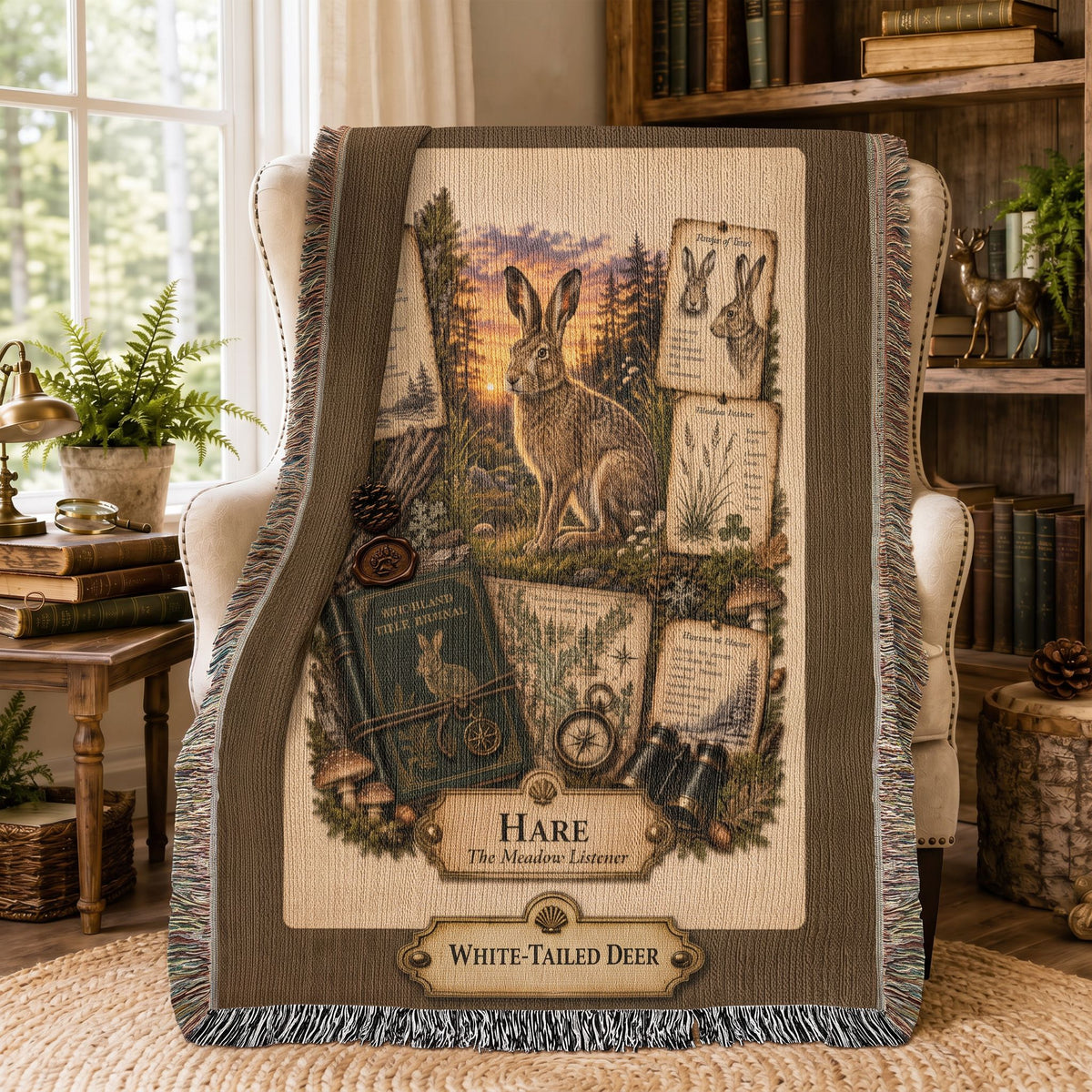 Hare Woven Throw Blanket | Woodland Animal Decor | Cotton Tapestry Throw | Naturalist Journal Gift