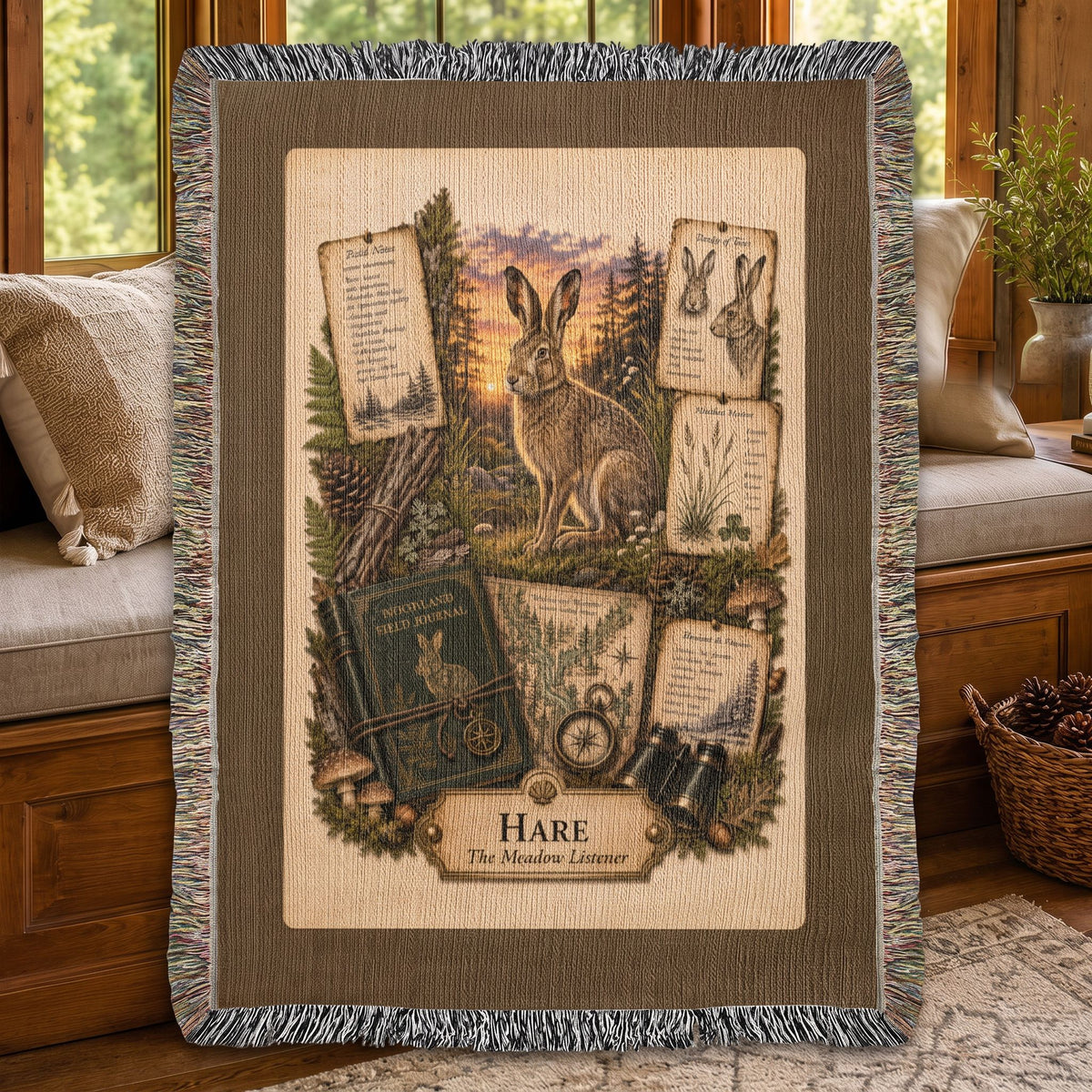 Hare Woven Throw Blanket | Woodland Animal Decor | Cotton Tapestry Throw | Naturalist Journal Gift