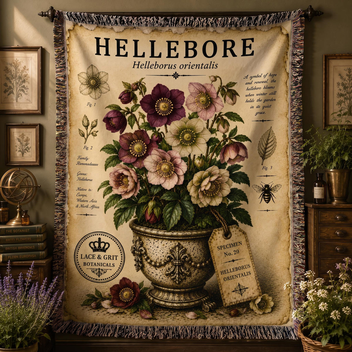 Hellebore Woven Throw Blanket, Botanical Garden Decor, Cotton Tapestry Throw, English Cottage Floral Gift